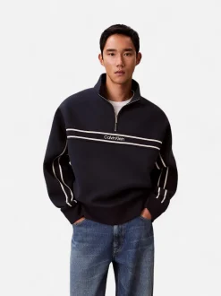 Calvin Klein Jeans miesten collegepaita LS Cotton Spacer Stripe Rib QTR, tummansininen