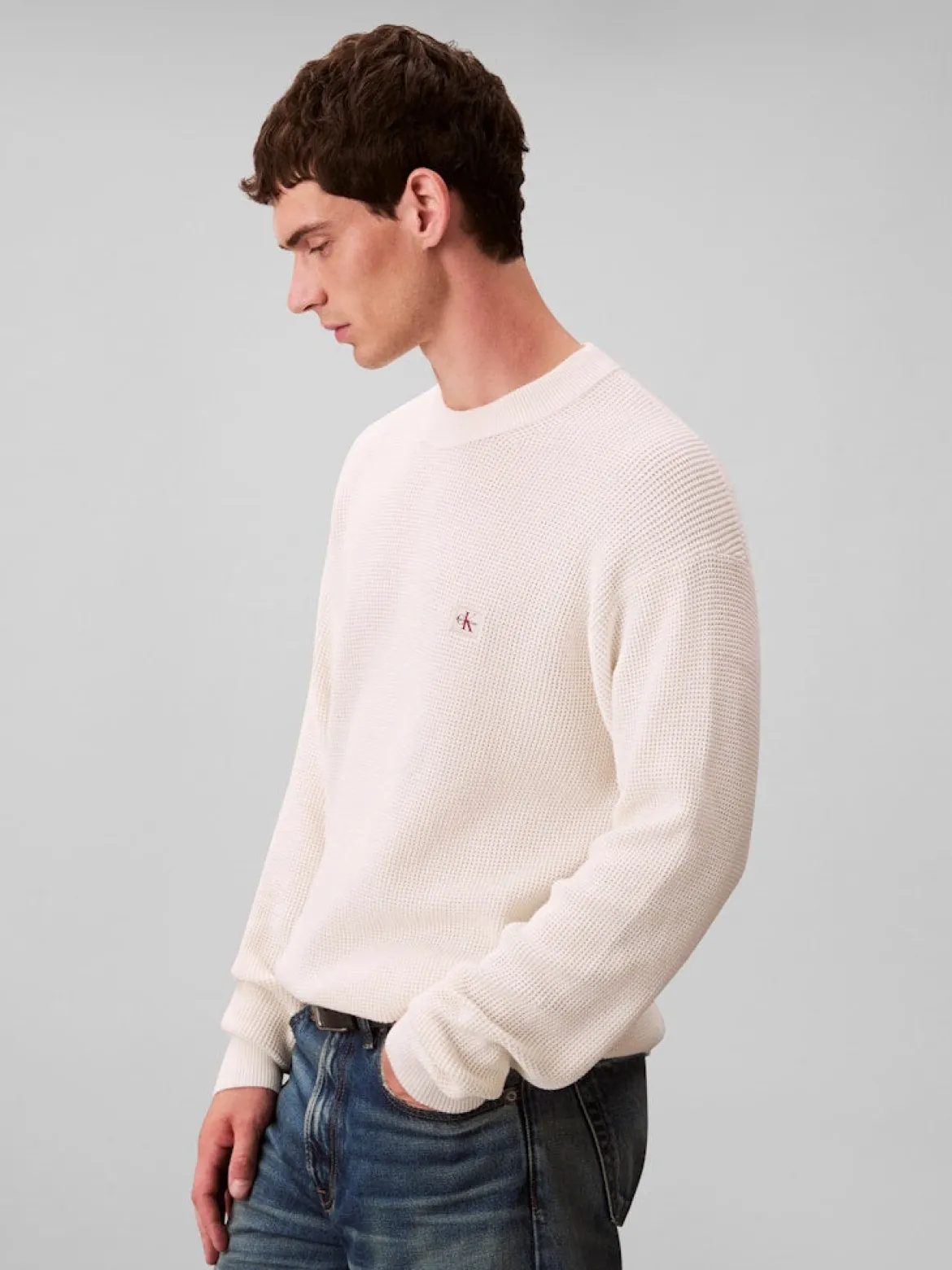 Calvin Klein Jeans miesten neulepusero LS EZ Cotton Waffle Crwnk Swtr 9, luonnonvalkoinen