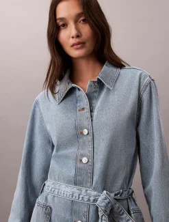 Calvin Klein Jeans naisten farkkumekko Belted Denim Mini Dress Coastel, sininen