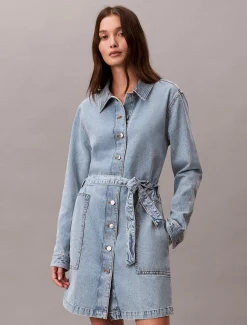 Calvin Klein Jeans naisten farkkumekko Belted Denim Mini Dress Coastel, sininen
