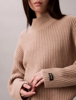 Calvin Klein Jeans naisten neulepusero, CHUNKY WOOL BLEND T NECK SWEATER Luonnonvalkoinen