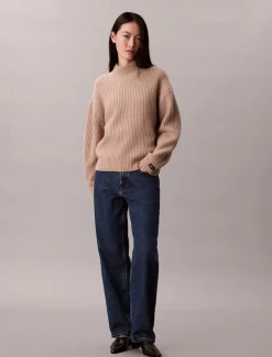 Calvin Klein Jeans naisten neulepusero, CHUNKY WOOL BLEND T NECK SWEATER Luonnonvalkoinen