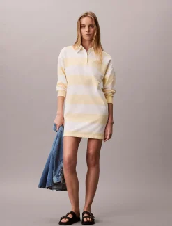 Calvin Klein Jeans naisten paitamekko LS Varsity Stripe Mini Polo Dress, raidallinen keltainen