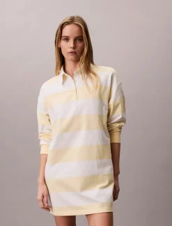 Calvin Klein Jeans naisten paitamekko LS Varsity Stripe Mini Polo Dress, raidallinen keltainen