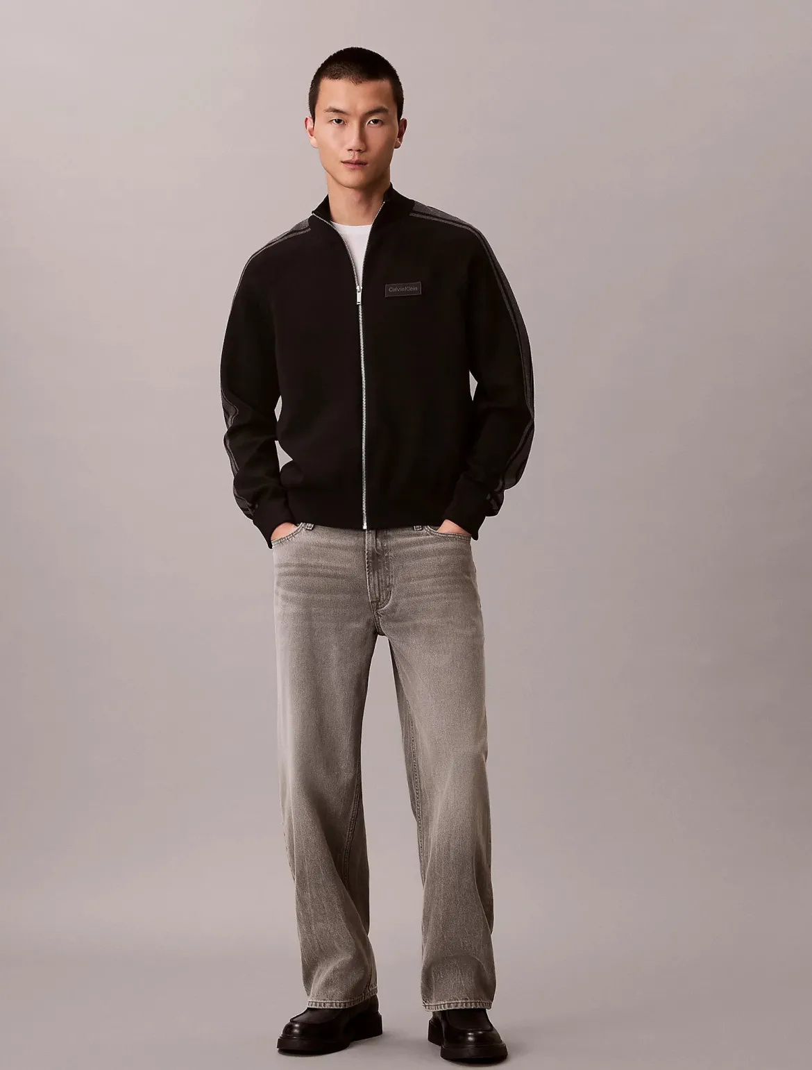 Calvin Klein miesten neuletakki LS Tech Knit Track Jacket FZ SWT, musta