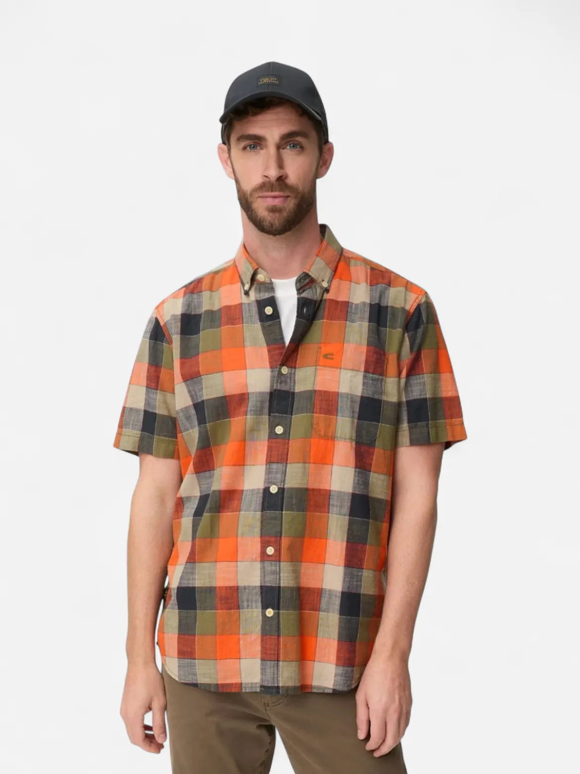 Camel Active miesten lyhythihainen kauluspaita Checked Shirt Los, oranssi ruutu