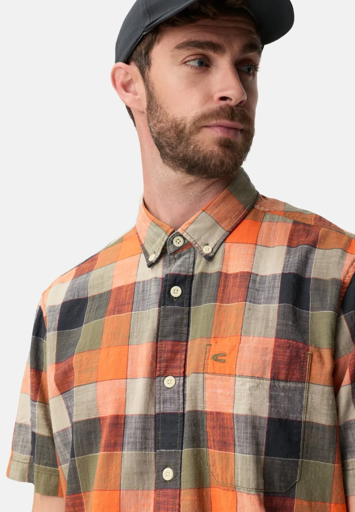 Camel Active miesten lyhythihainen kauluspaita Checked Shirt Los, oranssi ruutu