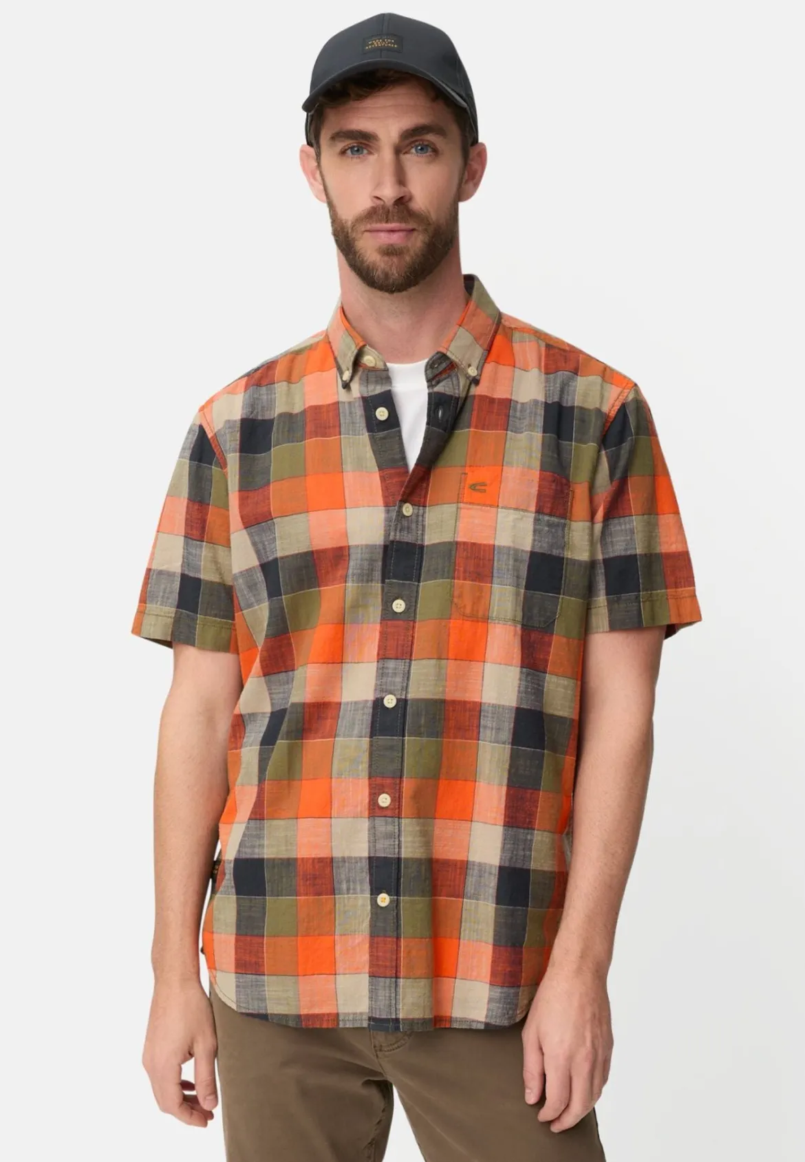 Camel Active miesten lyhythihainen kauluspaita Checked Shirt Los, oranssi ruutu
