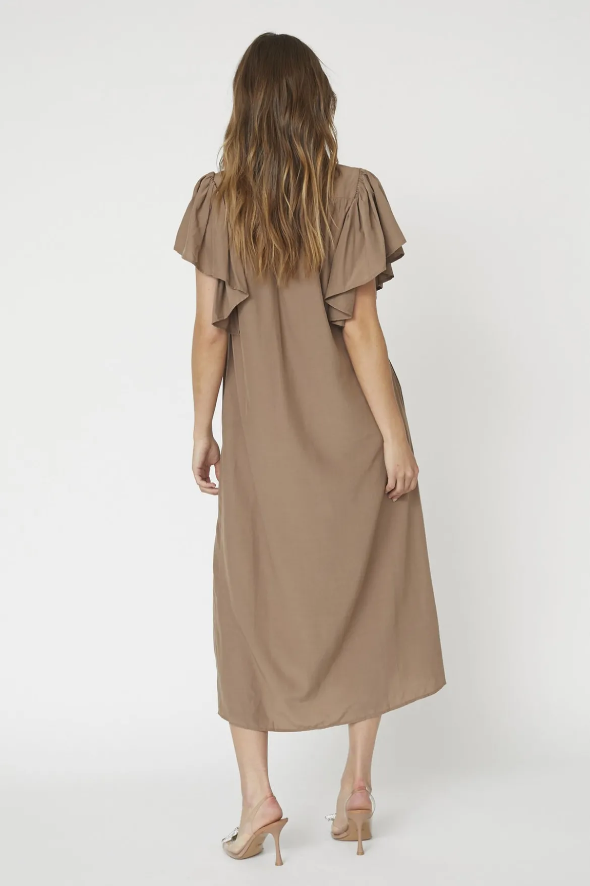Co’Couture mekko ToraCC Frill V-Dress, ruskeanharmaa
