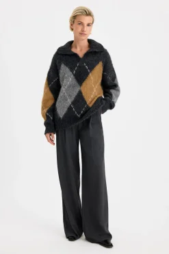 Filippa K naisten neulepusero Alpaca Check Sweater, harmaa kuosillinen