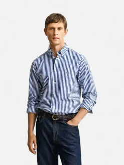 Gant miesten kauluspaita Regular Fit Classic Striped Poplin Shirt, raidallinen sininen