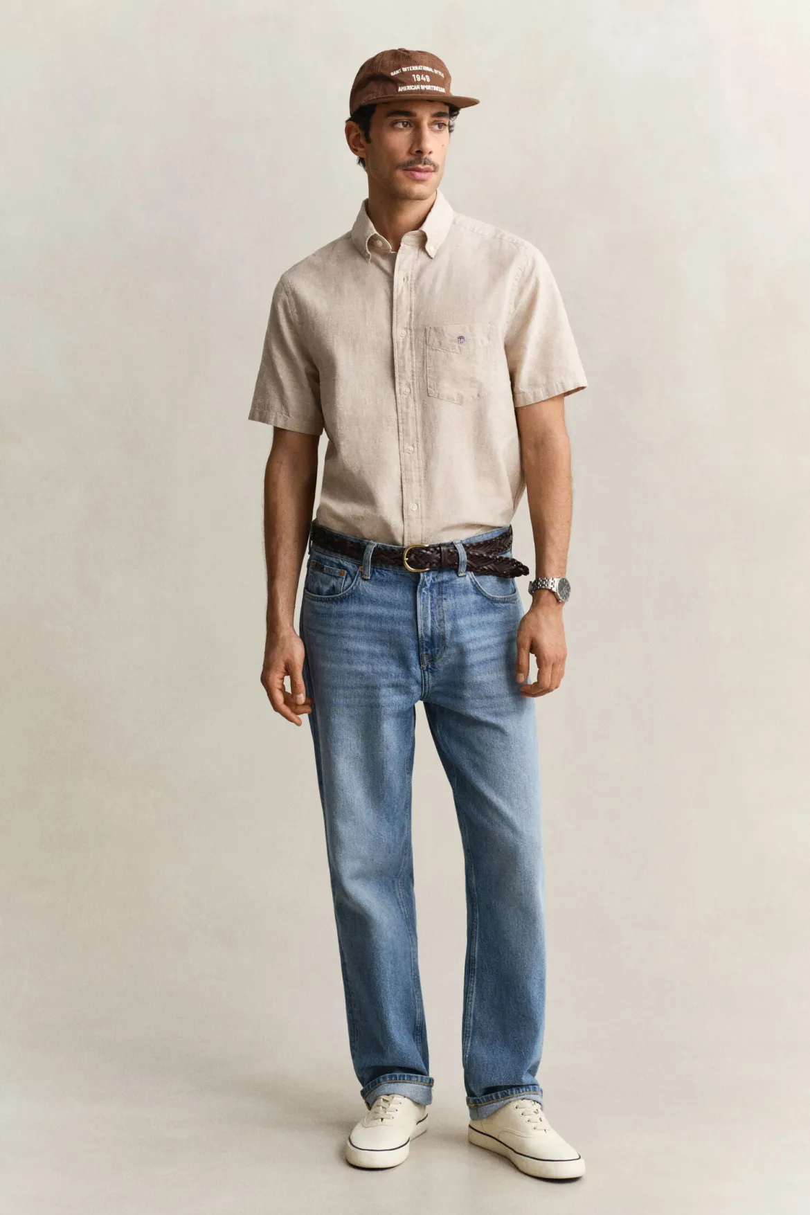 Gant miesten lyhythihainen kauluspaita Regular Cotton Linen Shirt, beige