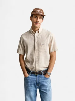 Gant miesten lyhythihainen kauluspaita Regular Cotton Linen Shirt, beige