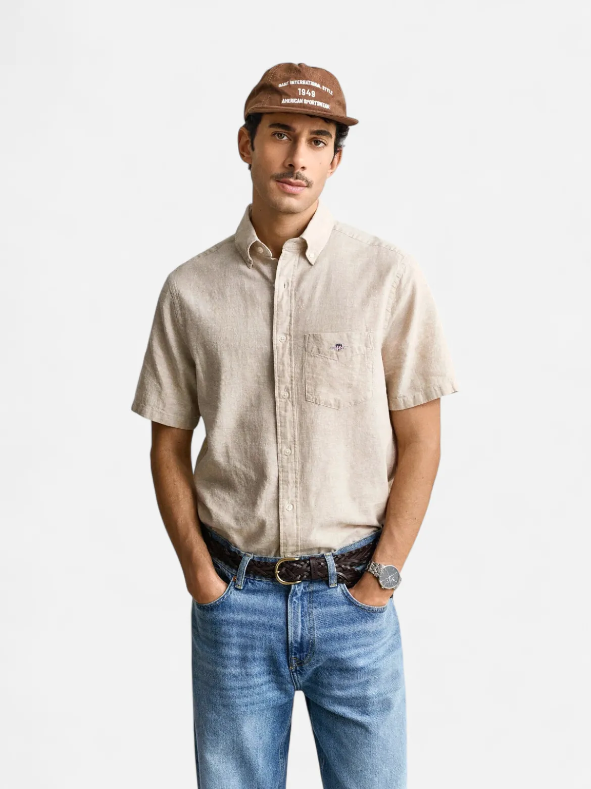 Gant miesten lyhythihainen kauluspaita Regular Cotton Linen Shirt, beige