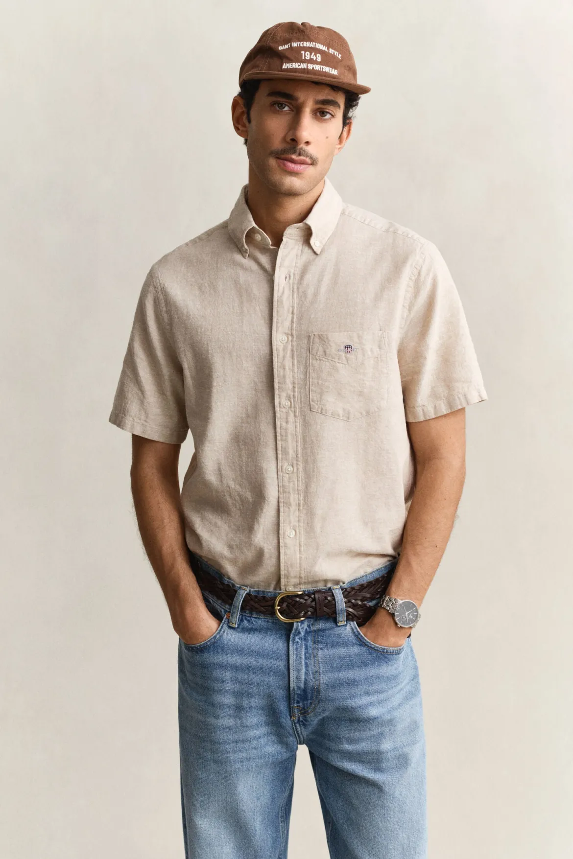 Gant miesten lyhythihainen kauluspaita Regular Cotton Linen Shirt, beige