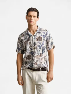 Gant miesten lyhythihainen kauluspaita K Reg Aop Camp Collar Shirt, kuosillinen beige