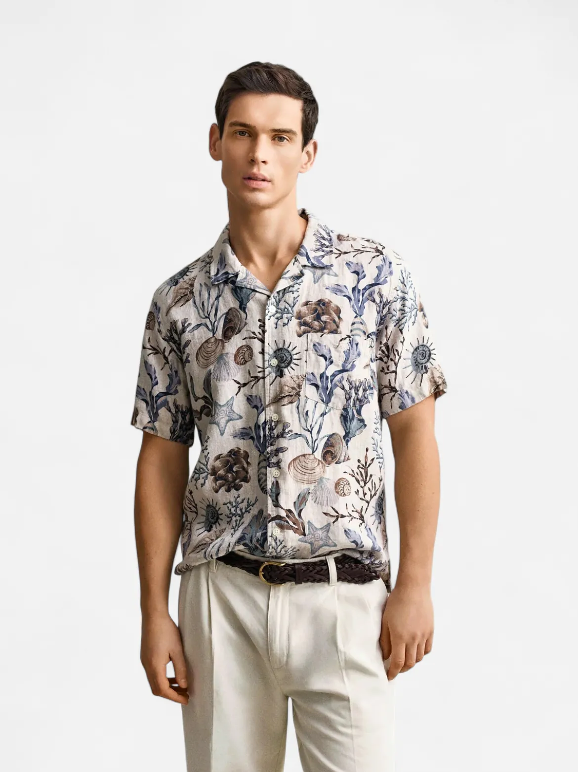 Gant miesten lyhythihainen kauluspaita K Reg Aop Camp Collar Shirt, kuosillinen beige