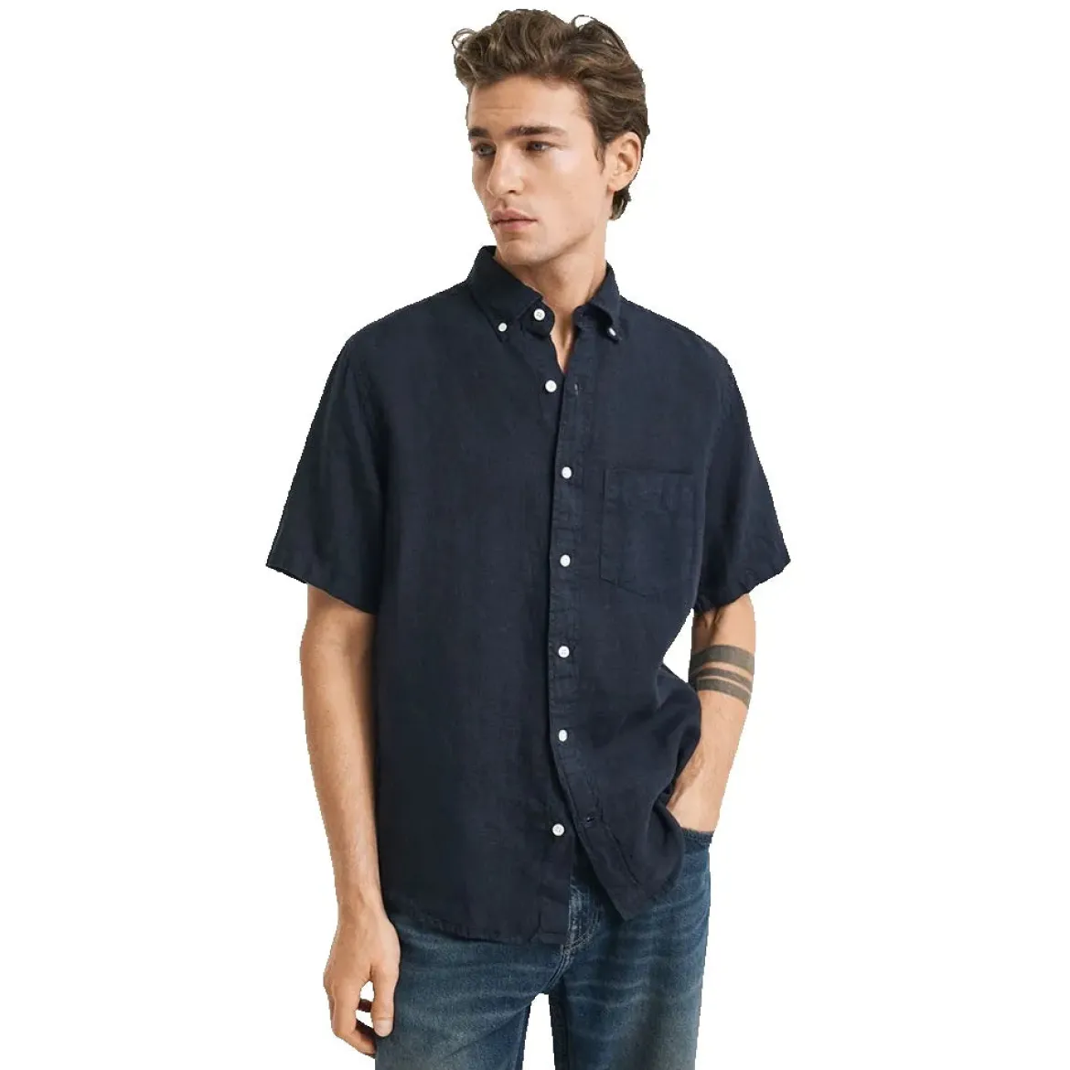 Gant miesten lyhythihainen kauluspaita Reg Linen Shirt, tummansininen