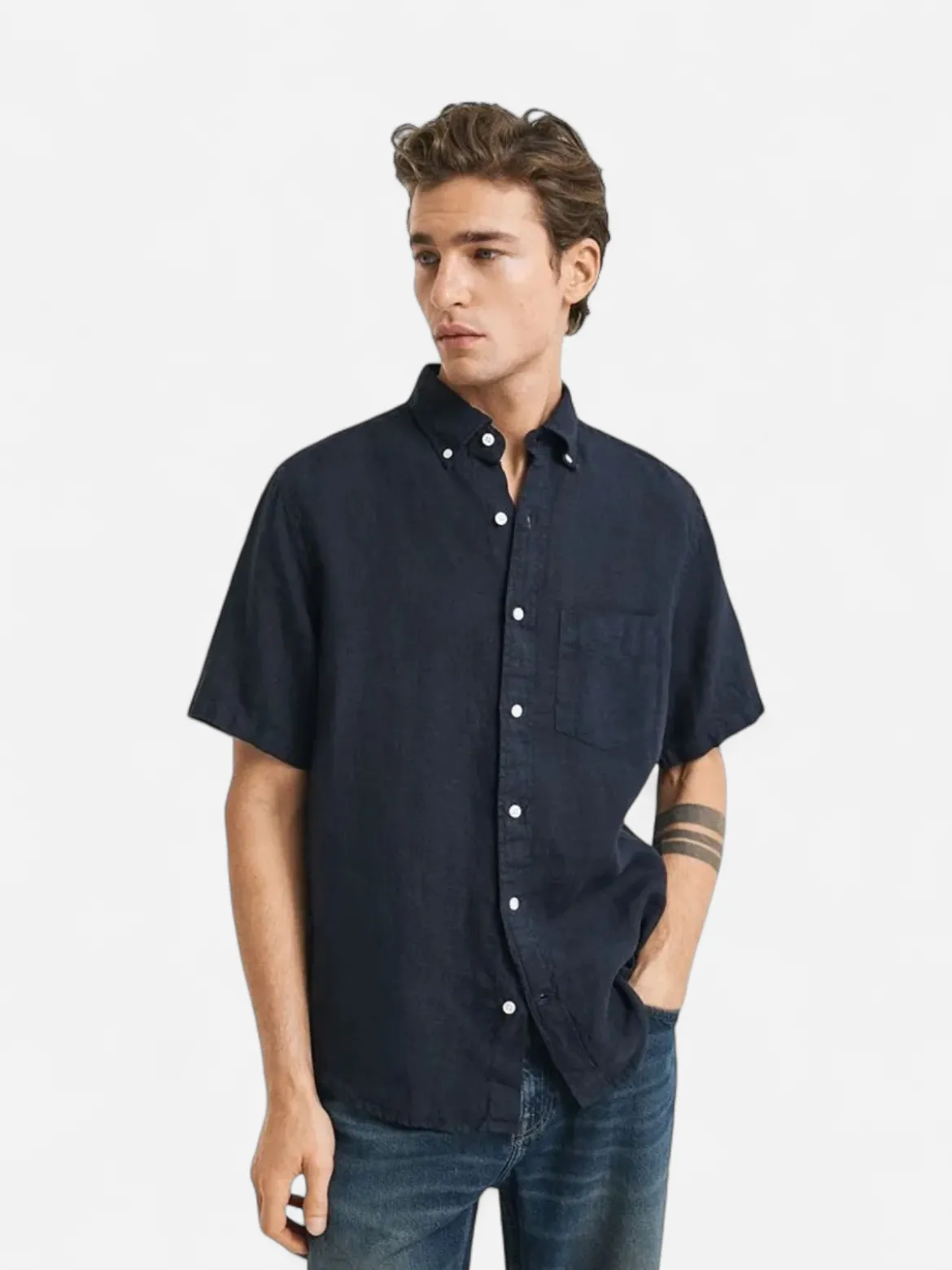 Gant miesten lyhythihainen kauluspaita Reg Linen Shirt, tummansininen