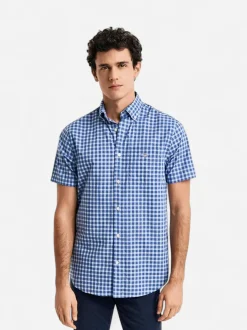 Gant miesten lyhythihainen kauluspaita, REG CLASSIC POPLIN SS SHIRT Sininen Ruutu