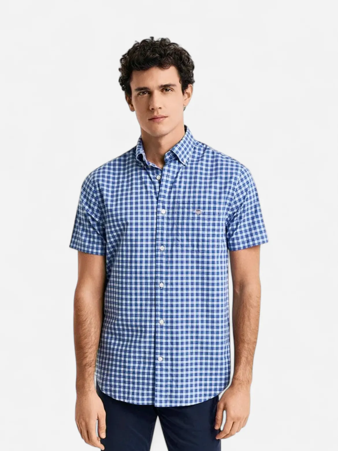 Gant miesten lyhythihainen kauluspaita, REG CLASSIC POPLIN SS SHIRT Sininen Ruutu
