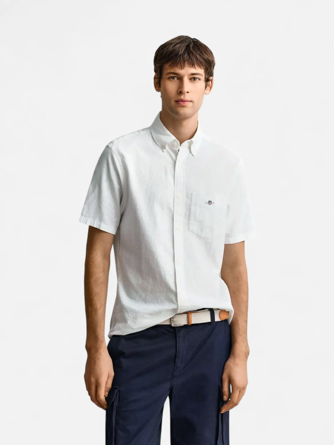 Gant miesten lyhythihainen kauluspaita Regular Cotton Linen Shirt, valkoinen