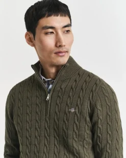 Gant miesten neule, COTTON CABLE HALF ZIP Tummanvihreä