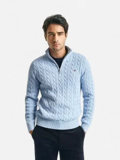 Gant miesten neule, COTTON CABLE HALF ZIP Vaaleansininen