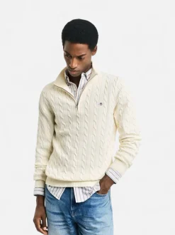 Gant miesten neule, COTTON CABLE HALF ZIP Luonnonvalkoinen