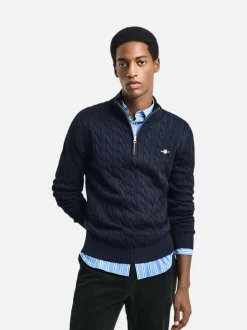 Gant miesten neule, COTTON CABLE HALF ZIP Tummansininen