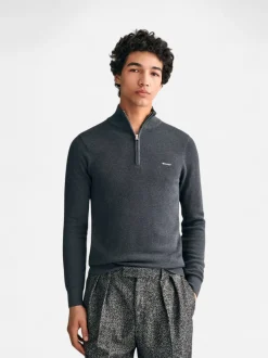 Gant miesten neule, COTTON PIQUE HALF ZIP Tummanharmaa