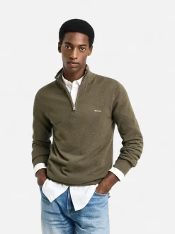 Gant miesten neule, COTTON PIQUE HALF ZIP Tummanvihreä
