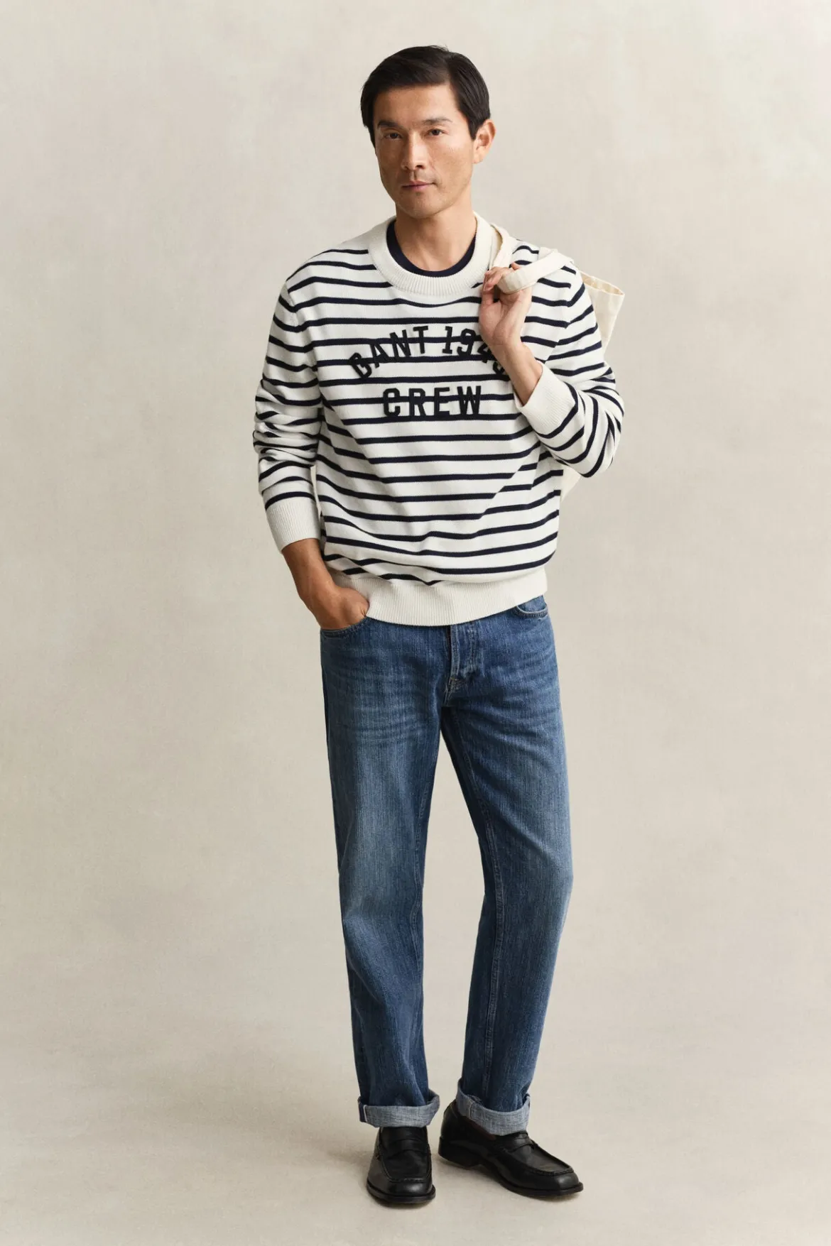 Gant miesten neulepusero Breton Stripe Graphic C-Neck, raidallinen sininen