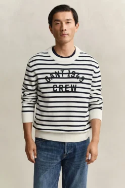 Gant miesten neulepusero Breton Stripe Graphic C-Neck, raidallinen sininen