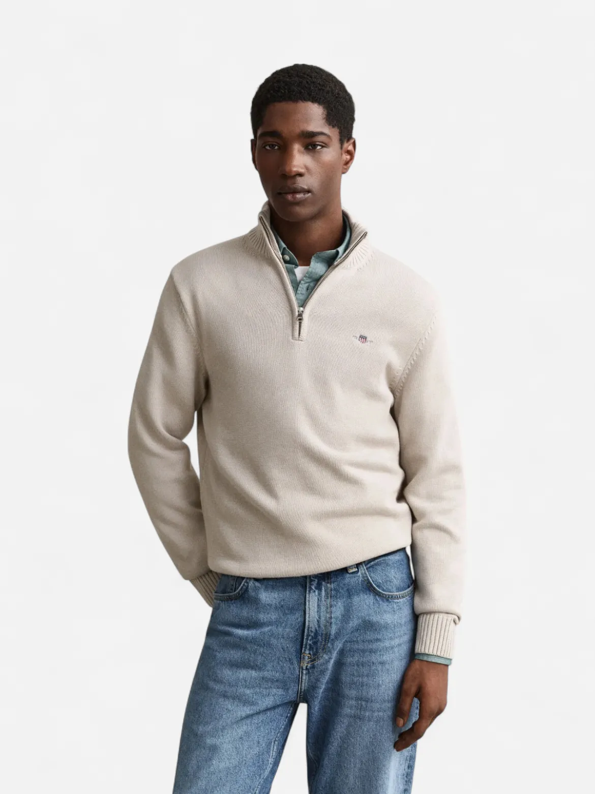 Gant miesten neulepusero Casual Cotton Half Zip, hiekka