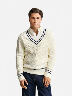 Gant miesten neulepusero Cotton Cable Cricket V-Neck, valkoinen
