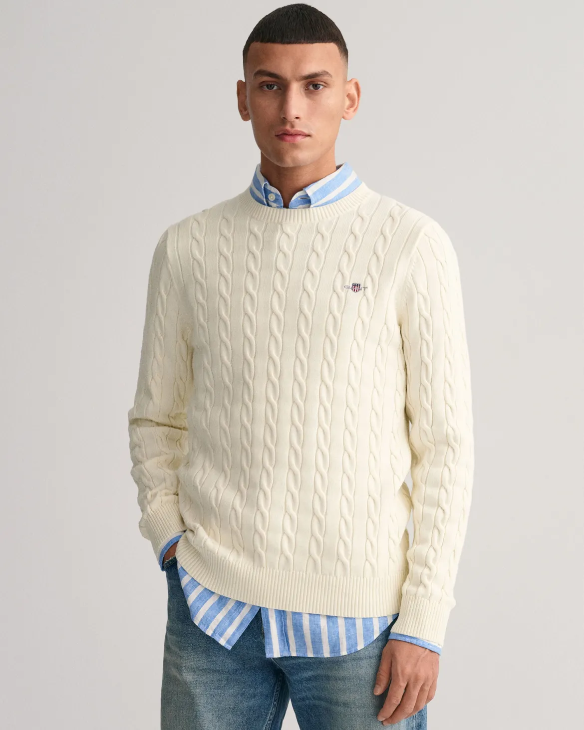 Gant miesten neulepusero Cotton Cable, Luonnonvalkoinen