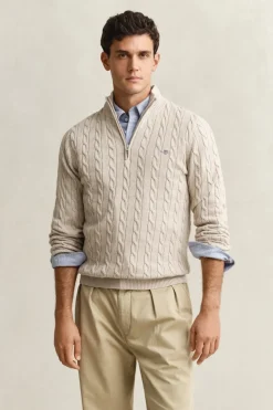 Gant miesten neulepusero Cotton Cable Half Zip, vaalea beige