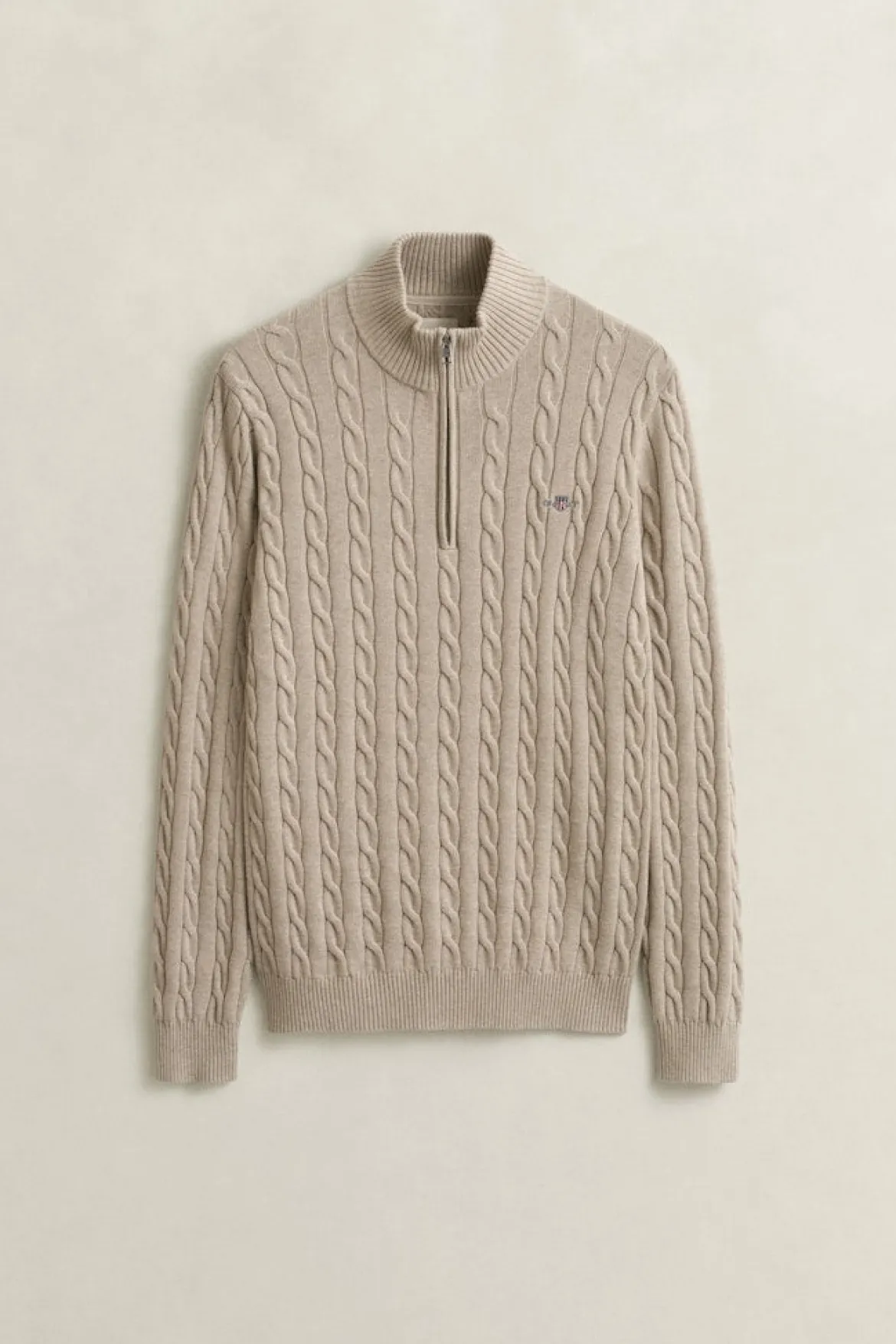 Gant miesten neulepusero Cotton Cable Half Zip, vaalea beige