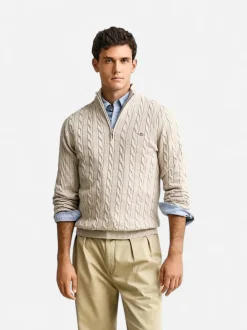 Gant miesten neulepusero Cotton Cable Half Zip, vaalea beige