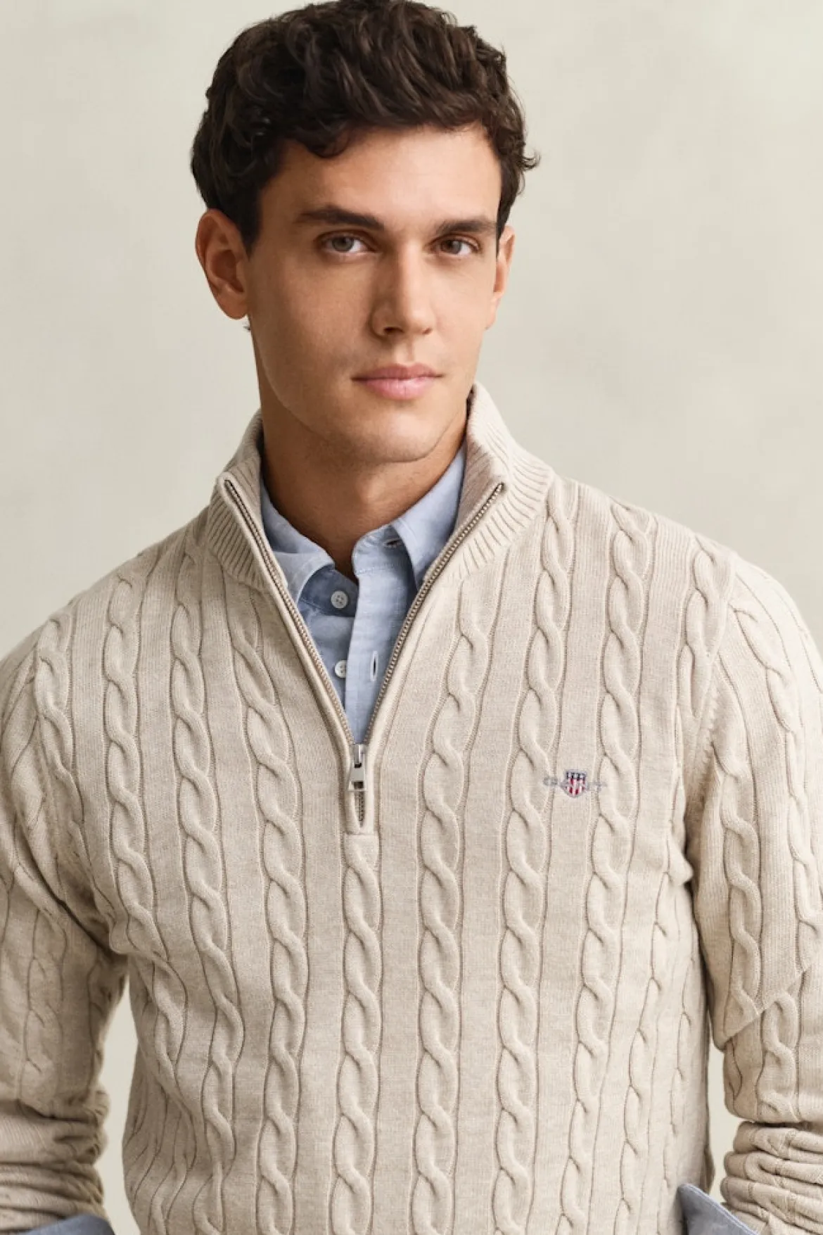 Gant miesten neulepusero Cotton Cable Half Zip, vaalea beige