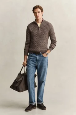 Gant miesten neulepusero Cotton Cable Half Zip, vaaleanruskea