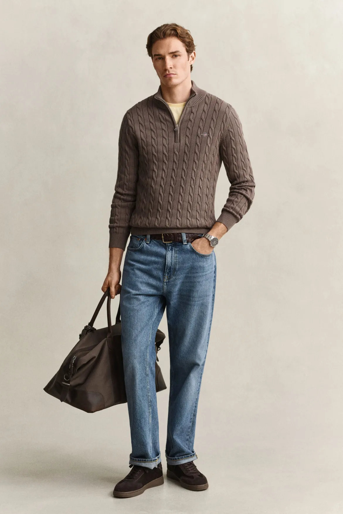 Gant miesten neulepusero Cotton Cable Half Zip, vaaleanruskea
