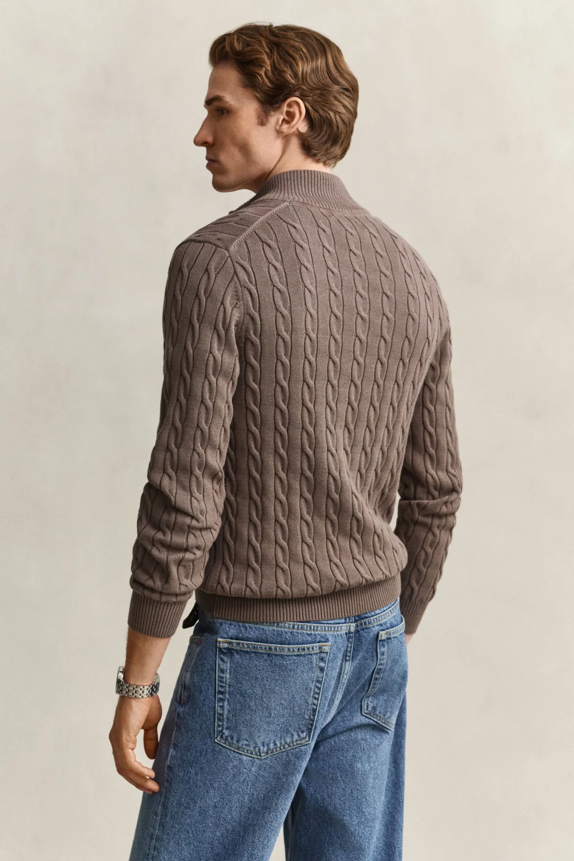 Gant miesten neulepusero Cotton Cable Half Zip, vaaleanruskea