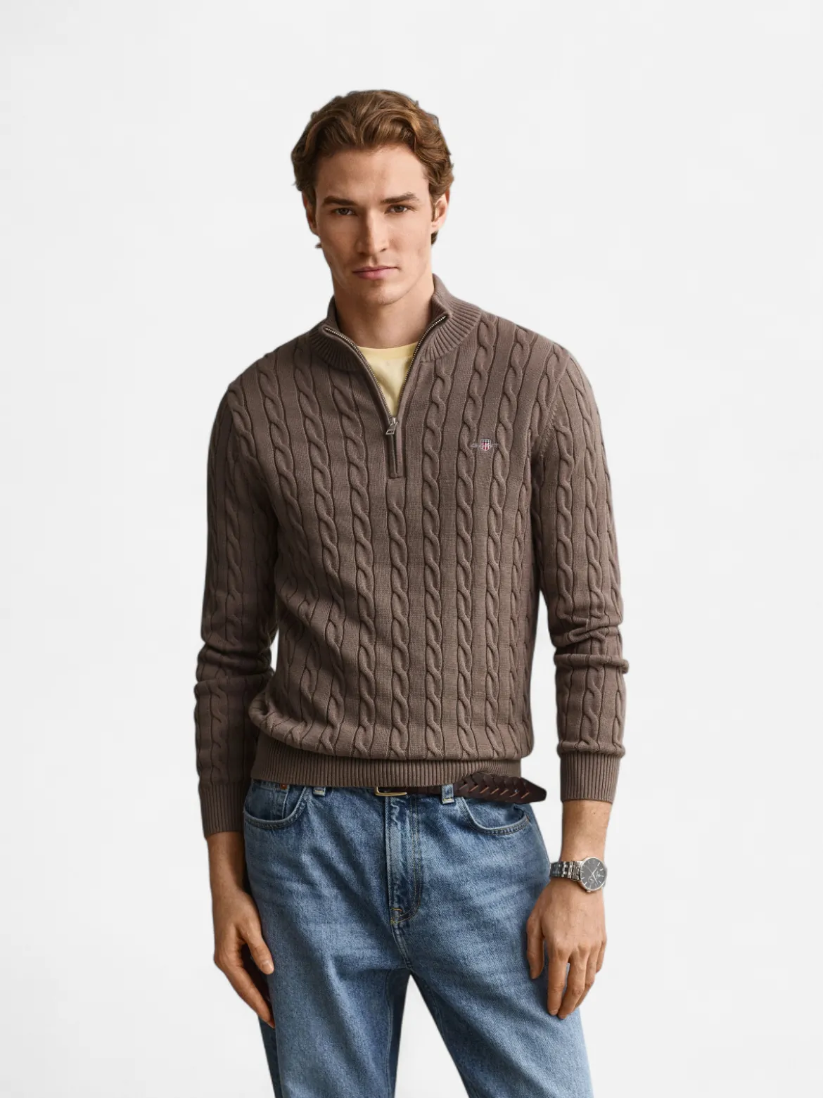 Gant miesten neulepusero Cotton Cable Half Zip, vaaleanruskea