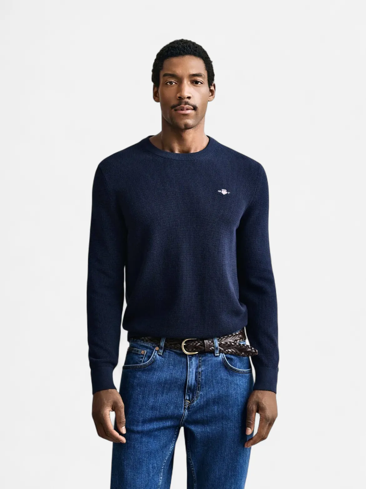 Gant miesten neulepusero Micro Textured Cotton C-Neck, tummansininen