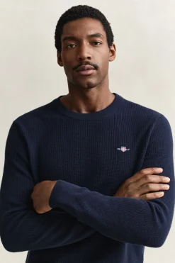 Gant miesten neulepusero Micro Textured Cotton C-Neck, tummansininen