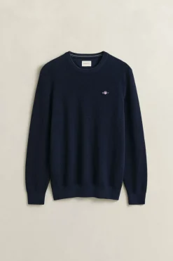 Gant miesten neulepusero Micro Textured Cotton C-Neck, tummansininen