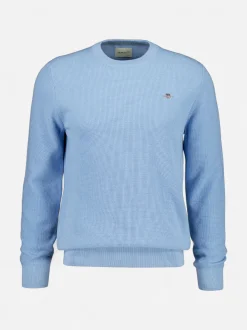 Gant miesten neulepusero Micro Textured Cotton C-Neck, vaaleansininen