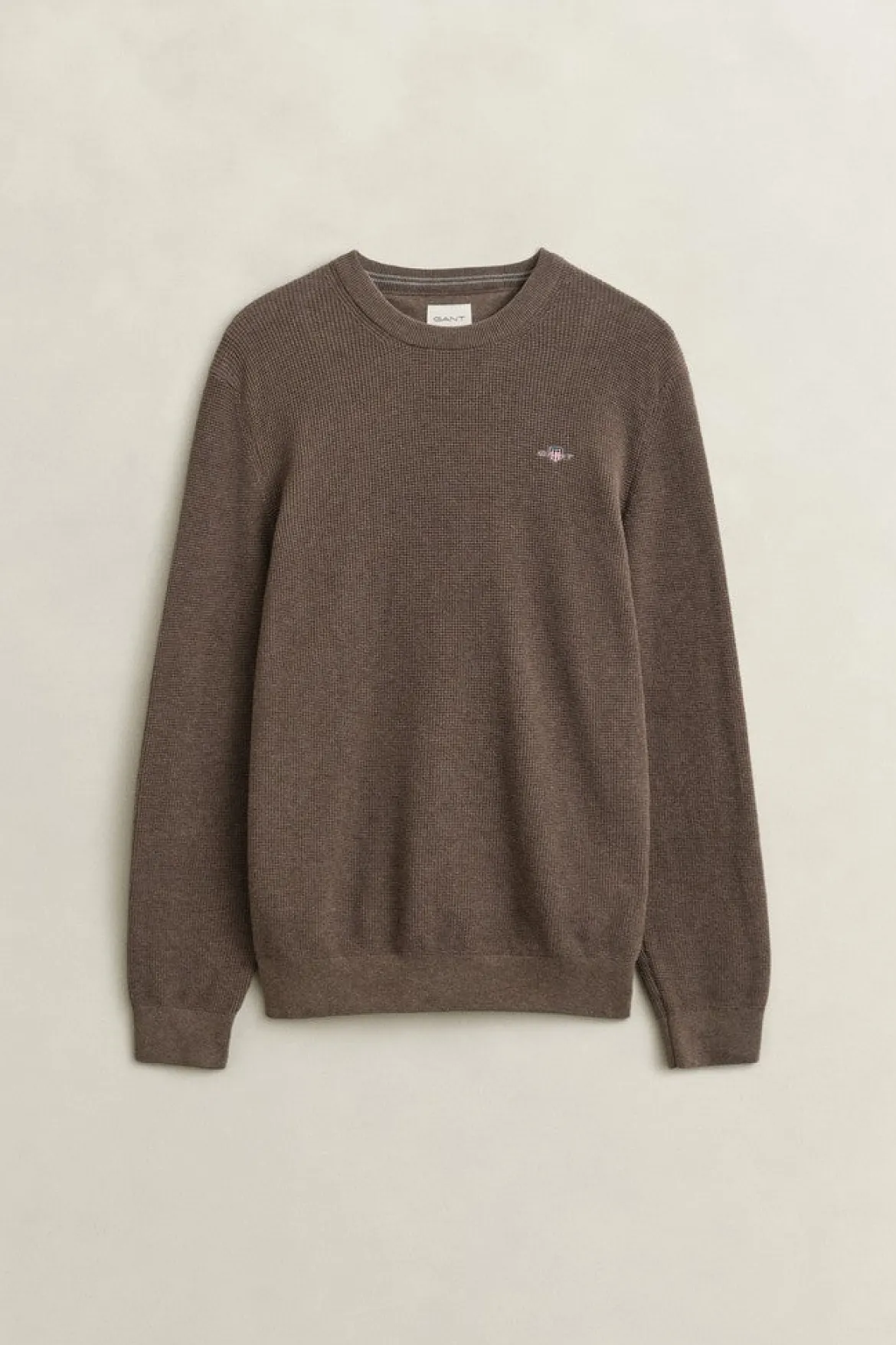 Gant miesten neulepusero Micro Textured Cotton C-Neck, vaaleanruskea